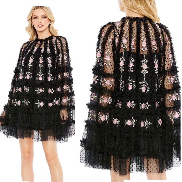 Mac Duggal Embroidered Long Flare Sleeve Mesh A-Line Dress Size 6